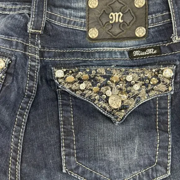 Miss Me Jeans Women's 28x33 (6) Dark Blue Mid Rise Boot Embellished Bling EUC - Picture 4 of 14